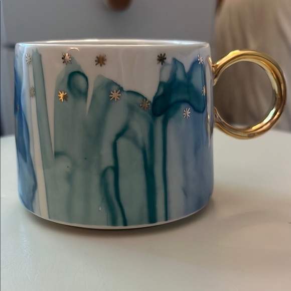 Anthropologie Other - Anthropologie Blue Teal Drip Watercolor Night Sky Gold Ring Handle Mug